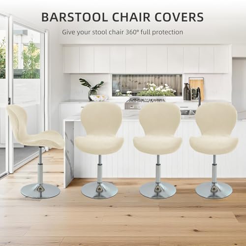 Image of Gollense Bar Stool Covers with Backs, Set of 4 Stretch Jacquard Barstool Seat Covers, Washable Swivel Pub Counter Height Chair Slipcover Protector for Home Kitchen Cafe (Velvet-Beige)
