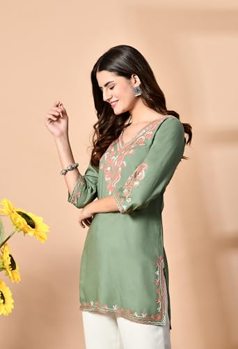 Image of LIBOZA Embroidered Kashmiri Tunic Top, Short Kurti for Women on Jeans, V-Neck, 3 /4 Sleeve, Floral Design,