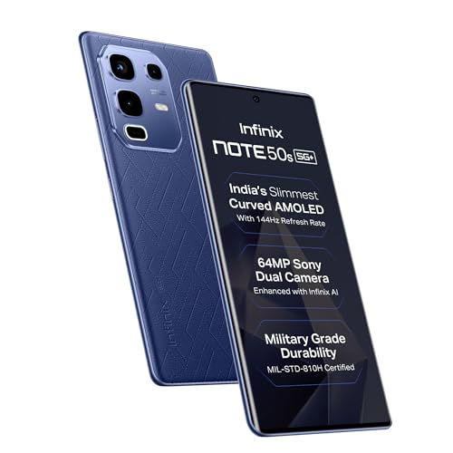 Infinix Note 50s 5G+ (Marine Drift Blue, 6GB RAM, 128GB Storage) | Slimmest 3D Curved 144Hz AMOLED Display | 5500mAH Battery | Dual Speakers by JBL | 90FPS BGMI | 64MP Sony Camera