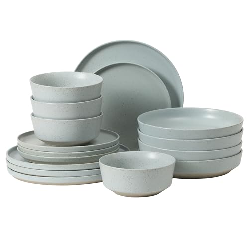 Image of Gibson Elite Overbrook 16-Piece Pottery Clay Stoneware Dinnerware Set - Light Blue Reactive Glaze, Stackable Plates and Bowls w /Pasta Bowl, Service for 4 - Microwave & Dishwasher Safe