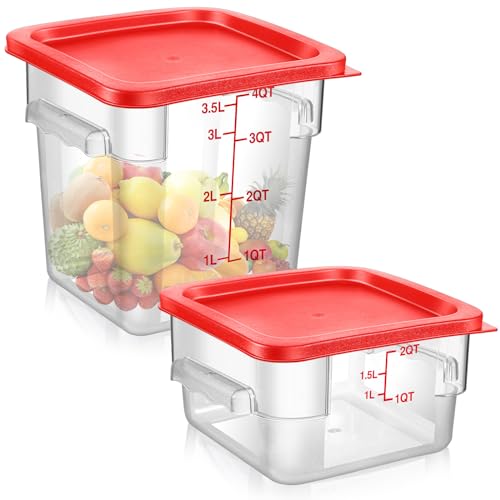 Image of Suclain 2 Pcs Square Food Storage Container Polycarbonate Clear Food Container with Lid Commercial Rice Storage with Graduations for Commercial Kitchen(2 Qt,4 Qt,Red)