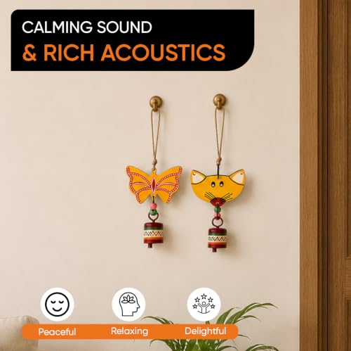 Image of Aakriti Art Creations Flutter & Whisker Wooden Hanging Bells Set | Handmade Modern Art Wooden & Metal Wind Chimes | Indoor & Outdoor Hanging Bells for Balcony, Garden, Living Room & Gifting