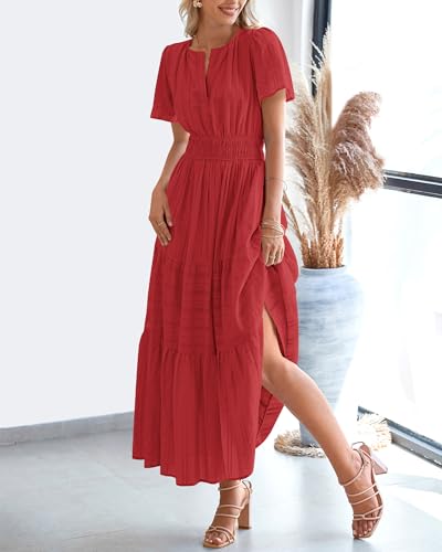 BTFBM Womens Summer 2026 Casual Midi Maxi Dresses Lightweight Short Sleeve V Neck Elastic Waist Boho Beach Dress Pockets - image 8