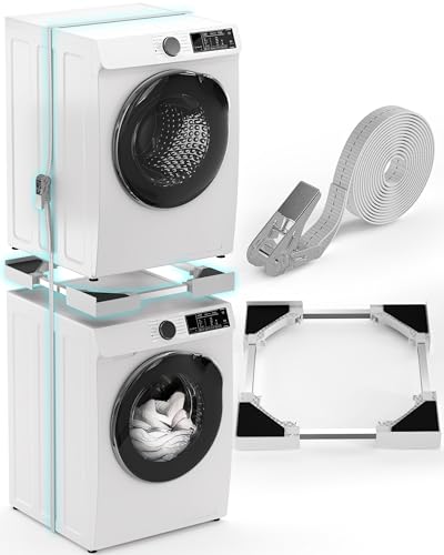 CLP Universal Verbindungsrahmen für Waschmaschinen & Trockner, stapelbar höhenverstellbar, mit Ablagefach & Spanngurt, Stabiler Baurahmen, Farbe:weiß