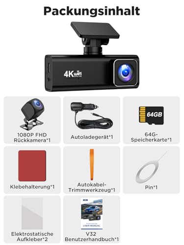 Topabol Dashcam Auto, 4K + 1080P Dashcam Auto Vorne Hinten, WiFi Dash Cam mit 64GB SD Karte, Dual Auto Kamera mit Nachtsicht, 170° Weitwinkel WDR, G-Sensor, Loop-Aufnahme, APP Steuerung, Max 256GB