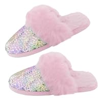 CHUANGLI Girls Fluffy Slippers, Sequin Faux Fur Fuzzy Slip-on House Slippers with Memory Foam House Shoes for Girls Bedroom Slippers