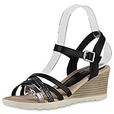  VAN HILL Damen Sandaletten Keilsandaletten Metallic Schuhe Keilabsatz Sommersandaletten Glitzer Wedges Freizeitschuhe 212109 Schwarz Silber Metallic 36