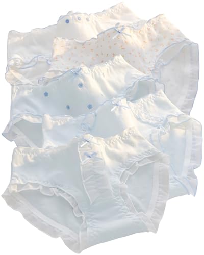 Korean Cute Frilly Panties for Teen Girls,Sweet Blue Cotton Mid Rise Underwear,Breathable Crotch All-day,5 Pack