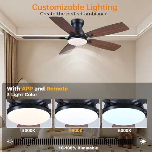 Image of JSAITEE Ceiling Fan with Lights and Remote Control - 46In Flush Mount Ceiling Fan with 3CCT Dimmable, 6 Wind Speeds and Timing, Low Profile Fan for Modern Bedroom, Kitchen, Living Room