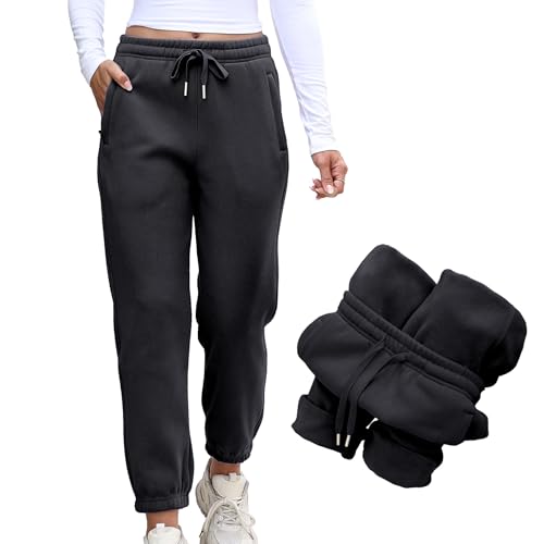 Womens Fleece Lined Sweatpants Drawstring Elastic Waistband Winter Warm Joggers Pants with Pocket