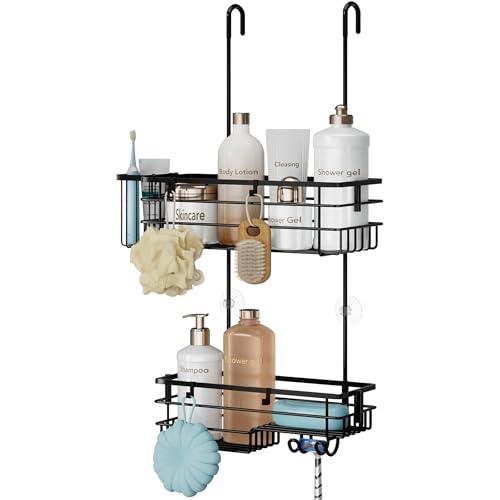 HapiRm Hanging Shower Caddy Organizer - No Drilling Shower Shelves with Hooks and Toothbrush Holder, Rustproof 304 Stainless Steel Bathroom Organizer - Black