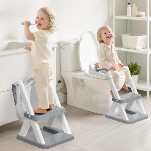 SKYROKU 8868 Potty Training Seat with Step Stool - Adjustable Height, Non-Slip, Splash-Proof, Foldable 2-in-1 Toddler Potty Seat with Armrests and Replaceable Cushion - Fits Most Toilets (Grey)