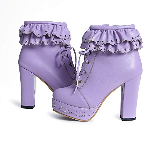 JITUUE Women's Lace Up Platform High Heel Ankle Boots Sweet Lolita Office Chunky High Heel PU Leather Ruffle Lace up Ankle Boots2