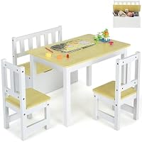 GYMAX Wooden Kids Table and Chair Set, Children Activity Desk with 2 Chairs & Storage Bench, 4-Piece Toddler Furniture Set for Arts Crafts Reading Eating (Natural)
