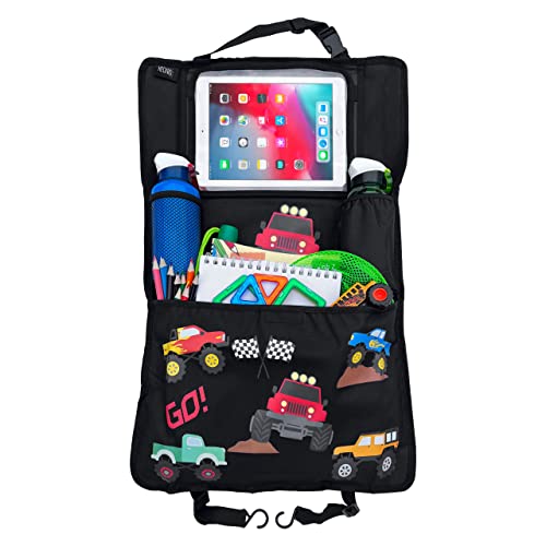 HECKBO 1x Organisateur siège auto enfant avec pochette tablette réglable, rangement pour accessoires – Monster Truck – 70x45 cm – incl. porte-gobelet +...