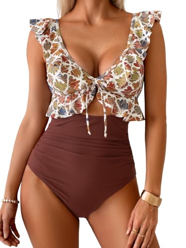Image of Eomenie One Piece Swimsuit for Women Tummy Control Ruffle Bathing Suit V Neck Ruched Swim Suit Slimming Cutout Swimwear