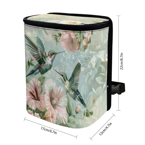 Image of Talayituse Hummingbird Hibiscus Print Car Trash Can with Adjustable Straps, Foldable Car Trash Bag Bin Car Garbage Bag Multipurpose Storage Box for Vehicle Travel Camping Picnicing