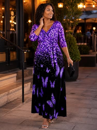 Image of SUZONANA Plus Size Dresses for Women Print Maxi Dresses Flowy 3 /4 Sleeve with Belt