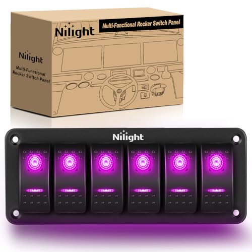 Image of Nilight 6 Gang Rocker Switch Panel w /Purple LED Light 5Pin On Off Pre-Wired | Aluminum Toggle Switches Waterproof for 12V /24V Cars Marine Boats ATVs Trailers RV Trucks