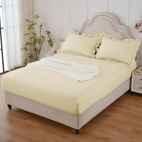 Image of Homiest 3-Pieces Ruffle Pillow Case & Fitted Sheet Set, Cream Full Sheets with 2 Ruffled Pillow Shams, 15 Inch Deep Pocket, Cute & Coquette Microfiber Bed Set for Decorating Bedroom Hotel