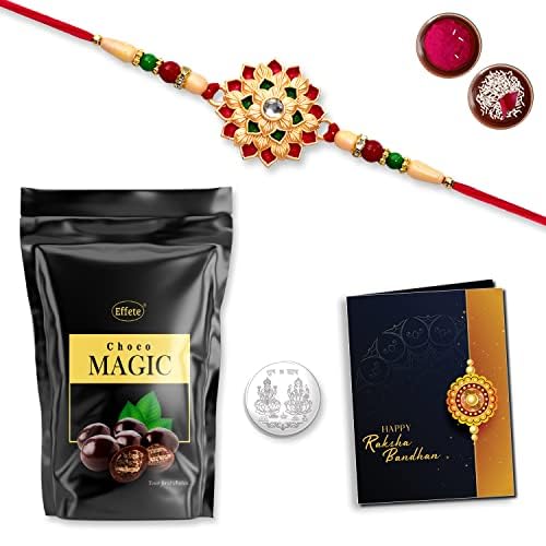 DeoDap Multicolor Bracelet/ Rakhi (K1_501_SP) & Effete Choco Magic with Silver Color Pooja Coin, Roli Chawal & Greeting Card | Occasion | Rakhi for brother with gift | Rakhi with chocolate |rakhi combo for brother | Set of 1 Rakhi | Rakhi Chocolate Gift combo|-image-46