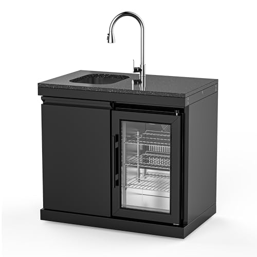 Image of Sink and Fridge Combo for Outdoor Kitchen, 68L Refrigerator and Sink with Pull-Down Faucet, Brushed SS and Granite Countertops, All-in-One BBQ Island Cleaning Station (Black)