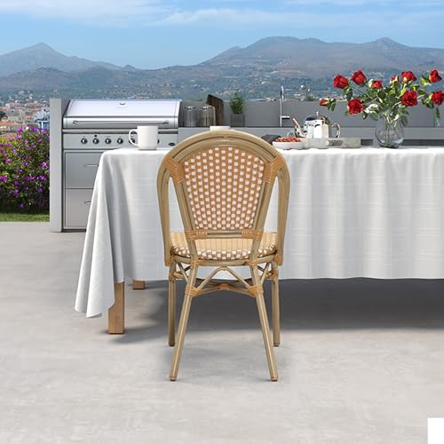 Image of PURPLE LEAF Patio Dining Chair Set of 1 Outdoor French Aluminium Frame in Champagne Finish with Amber & White Woven Rattan for Indoor Kitchen Deck Bistros Cafe Restaurant