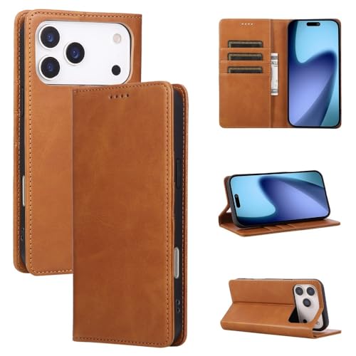 Étui iPhone 16 Pro Max marron avec clapet rabat magnétique et fentes portefeuille