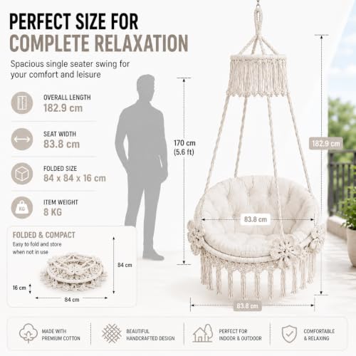 Image of Premium King Size Hammock Chair Swing with Cushion, 200kg Capacity | Indoor Outdoor Heavy Duty Adults & Kids Hanging Jhula for Home, Garden, Patio & Balcony | 1 Year Warranty (Off White)
