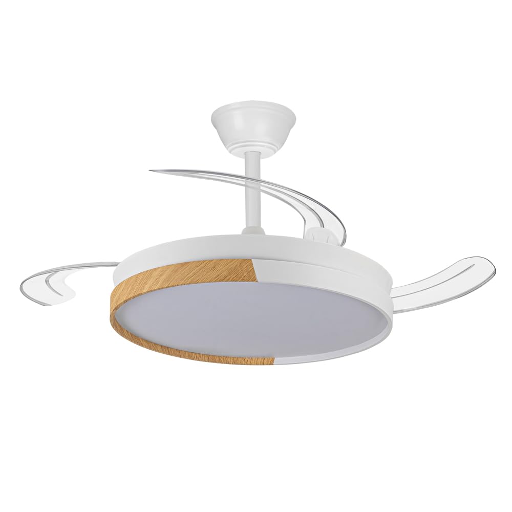 wonderlamp - Ventilador de techo con aspas retráctiles, Ventilador de techo con luz LED Arpino Blanco+Madera CCT 3000-4000-6000K, Intensidad Regulable 48W, Silencioso
