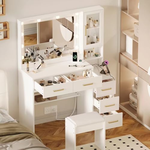 35.4" White Makeup Desk with Charging Station & 5 Drawers