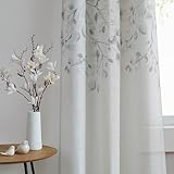 Central Park Leaf Floral Print Metallic Sheer Window Curtain Panel for Rustic Living Room/Bedroom Sparkling Decorative 6 Grommets Top Drape Panels Farmhouse Curtains, Gray Tan,40' x 84'x2, 2 PK