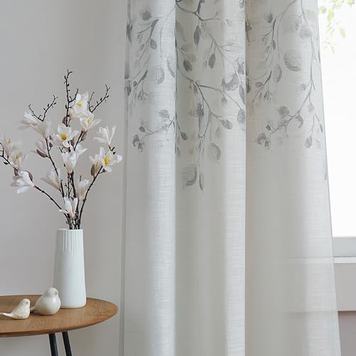 Image of Central Park Leaf Floral Print Metallic Sheer Linen Window Curtain Panel for Rustic Living Room/Bedroom Sparkling Decorative 6 Grommets Top Drape Panels Farmhouse Curtains, Gray Tan,40" x 63"x2, 2 PK
