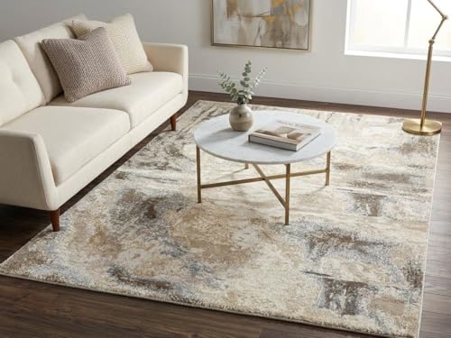 Image of 5x7 Feet (150x210 CM) Carpet for Living Room Hall & Bedroom - Beige Gold Modern Abstract Geometric Silk-Touch Luxury Hotel-Style Washable Anti-Skid Turkish Area Rug