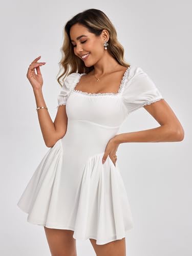 Image of Parthea Women's Floral Square Neck Mini Dress Lace Puff Sleeve Off Shoulder Smocked Flowy A Line Summer Dresses for 2026