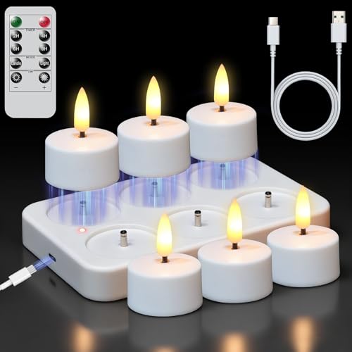 Image of GenSwin Rechargeable Tea Lights Candles with Remote & Charging Base, 6 Pcs LED Tea Lights Candles Battery Operated, Flameless Timer Tealights for Wedding Christmas Halloween Decor (White, 1.57 inchx1.85 inch)