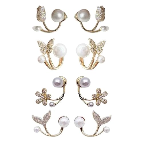 4 Pairs Pearl Studs Earrings for Women, Stylish Golden Ear Studs ...