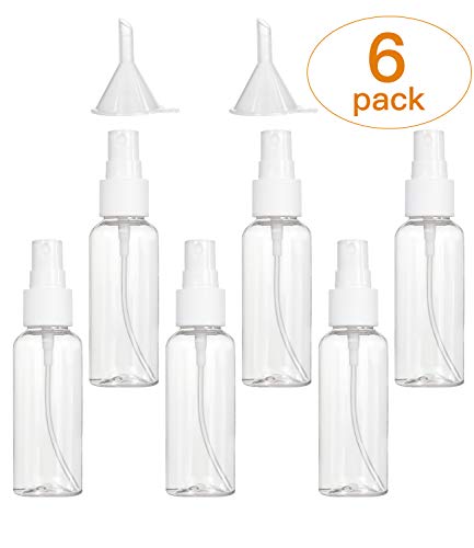 (6-Pack) Clear Spray Bottles, 2oz/50ml Empty Fine Mist Plastic Mini Travel Bottle Set, Small Refillable Liquid Containers with 2pcs Funnels