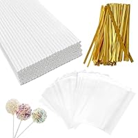 CHELIZIYA 300Pcs White Lollipop Sticks and Bags Set, 100Pcs 4-inch Paper Candy Sticks,100Pcs Clear Bags, 100Pcs Twist Ties for Hard Candy, Chocolate, Cookie, Dessert