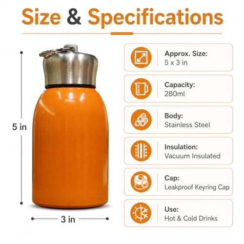 Image of Mini Stainless Steel Vacuum Insulated Water Bottle, 300ml, Black, Leakproof, Hot and Cold, with Keyring Cap (Orange)