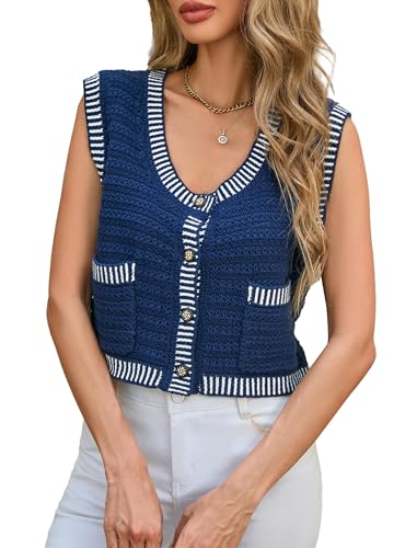 Image of Libsorge Women's Cute Striped Pocket Sleeveless Button Up Sweater Vest Cardigan 2025 Crewneck Crop Sweater Vest