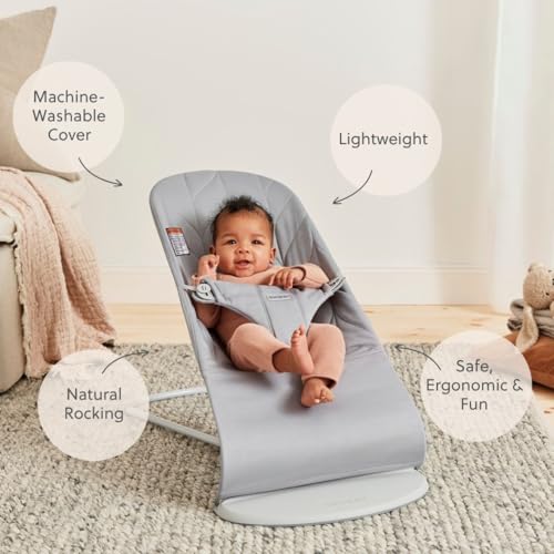 Image of BabyBjorn Bouncer Bliss, Light Gray, Woven, Petal Quilt | 2-in-1 Adjustable Baby Bouncer Seat and Toddler Chair, Newborn to Toddler (8-29 lbs), 4 Positions, Lightweight & Portable