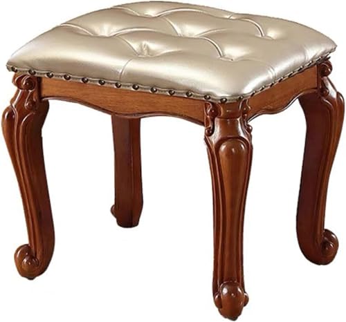 Reposapiés otomano pequeño de cuero, taburete con marco de madera maciza tallada vintage para sofá, taburete tapizado para sala de estar, sofá, entrada