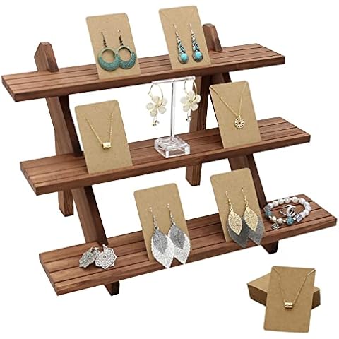 Auroal 51pcs 3-Tier Wood Earring Display Stand, Retail Display Riser Earring, Ring Holder Stand, Removable Countertop Small Merchandise Display Stand with 50 Pcs Earring Card (Light brown) Cover