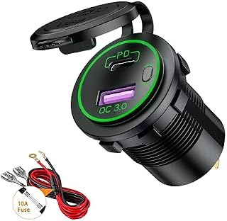 Thlevel USB C Car Charger Socket Dual USB Outlet PD & QC 3.0 Fast Car Charger Socket Power Waterproof with Switch for 12V/24V Marine Boat Motorcycle Truck RV (Green)