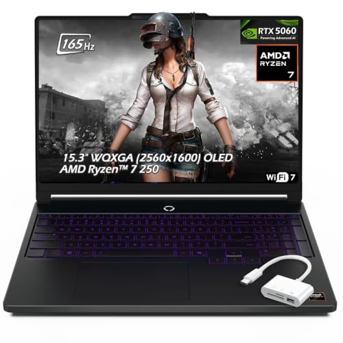 Image of Lenovo Legion 5a 15.3 inch Gaming Laptop, WQXGA (2560x1600) 165Hz OLED Display, AMD Ryzen 7 250, NVIDIA GeForce RTX 5060, 32GB RAM, 2TB SSD, Backlit KB, Wi-Fi7, Win11, Eclipse Black, w /USB Hub, W /GaLiMu