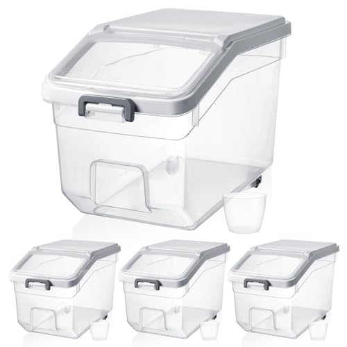Sunnyray 4 Pcs Rice Storage Container 22 lb Airtight Flour Container with Wheels Measuring Cup Clear Pet Food Cube Dog Cat Birds Food Bin Grain Cereal Organizer Box for Dry Baking Supplies(White Lid)