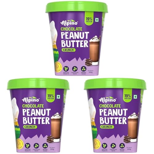 Image of ALPINO Chocolate Peanut Butter Crunch 200g - Roasted Peanuts, Chocolate Paste, Brown Sugar & Sea Salt - 24g Protein, Vegan - Plant Based Peanut Butter Crunchy (Pack of 3)
