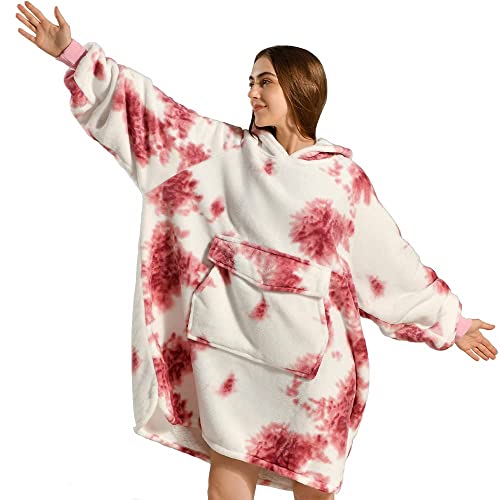 Krifey Wearable Blanket Hoodie, Oversized Sherpa Fleece Sweatshirt with Giant Pocket, Birthday Gifts for Women, Mom, Sister, Red Tie Dye