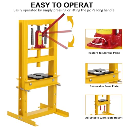 Hydraulic Press 6 Ton Hydraulic Shop Press, H-Frame Garage Floor Benchtop Press Adjustable Shop Press with Plates, Adjustable Working Table Height, for Gears and Bearings, Yellow